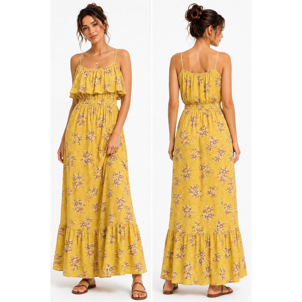 Peyton & Parker Maxi Dress‎ Womens L Yellow Floral Ruffle Tiered Boho Sun Dress